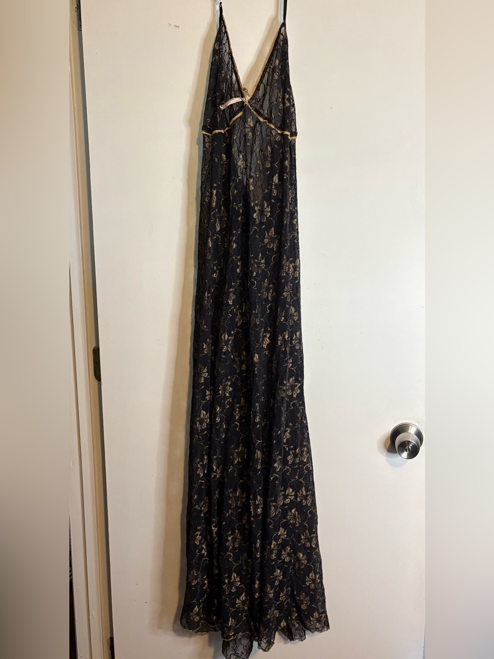 Black Lace Maxi slip dress with Gold Floral Detail